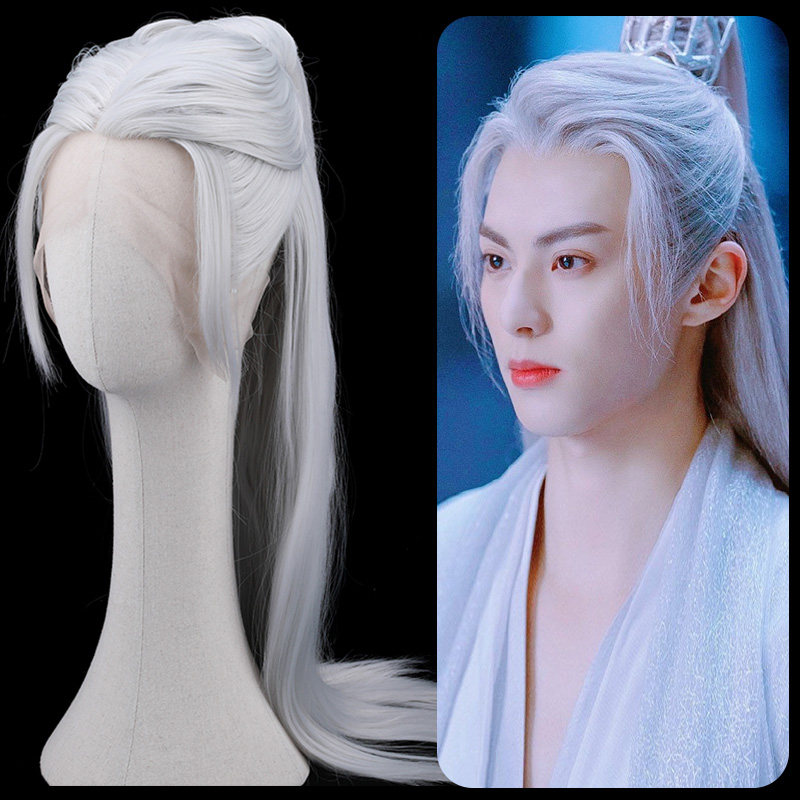 古风男假发长发整顶手钩cos古装影视剧遇龙同款银白色t1001高温丝