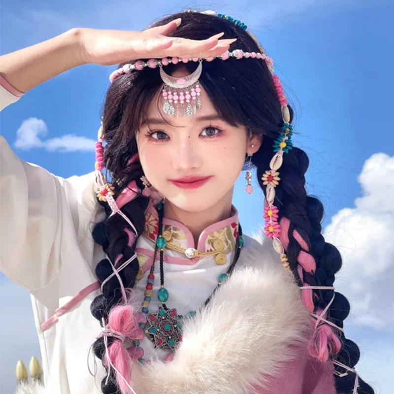 异族少女发型波西米亚彩色串珠发绳发带民族风藏族编织头饰拍照女