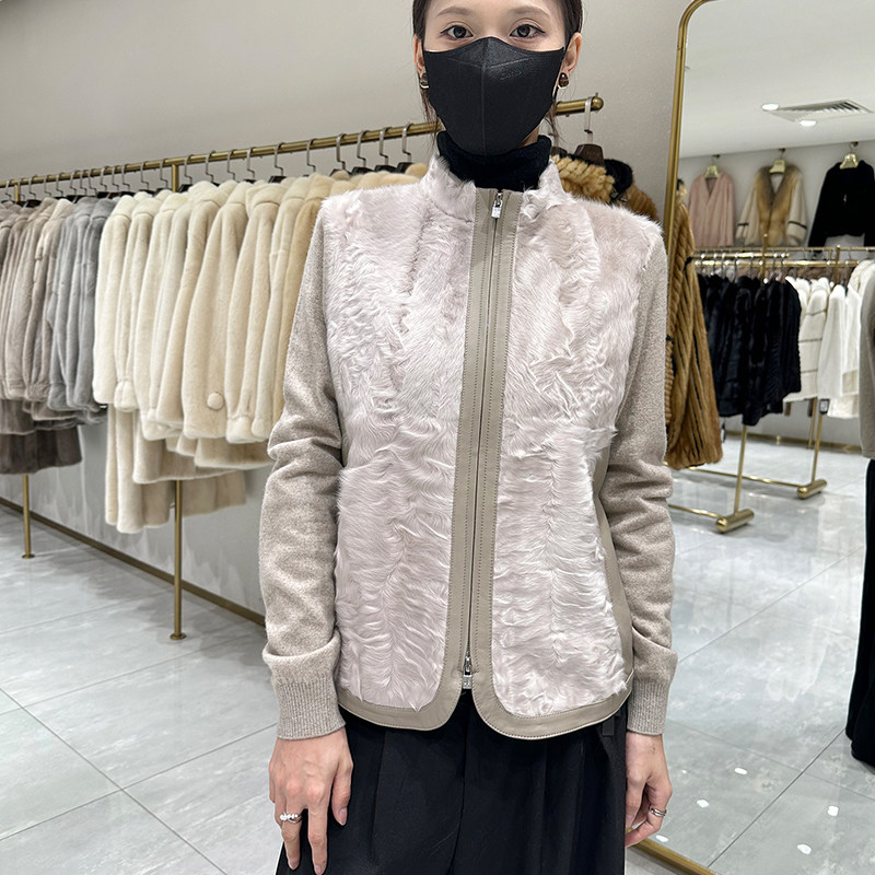 金羔羊皮毛一体立领显瘦皮草外套2024秋冬新品短款针织衫羊绒大衣