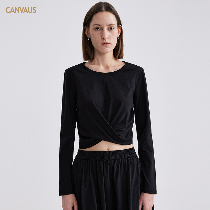 CANVAUS长袖纯棉扭结打底衫T恤女纯色修身圆领短款露脐简约上衣秋