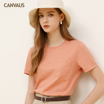 CANVAUS洋气新款宽松口袋抖音网红半袖短袖圆领白色夏季纯棉T恤女