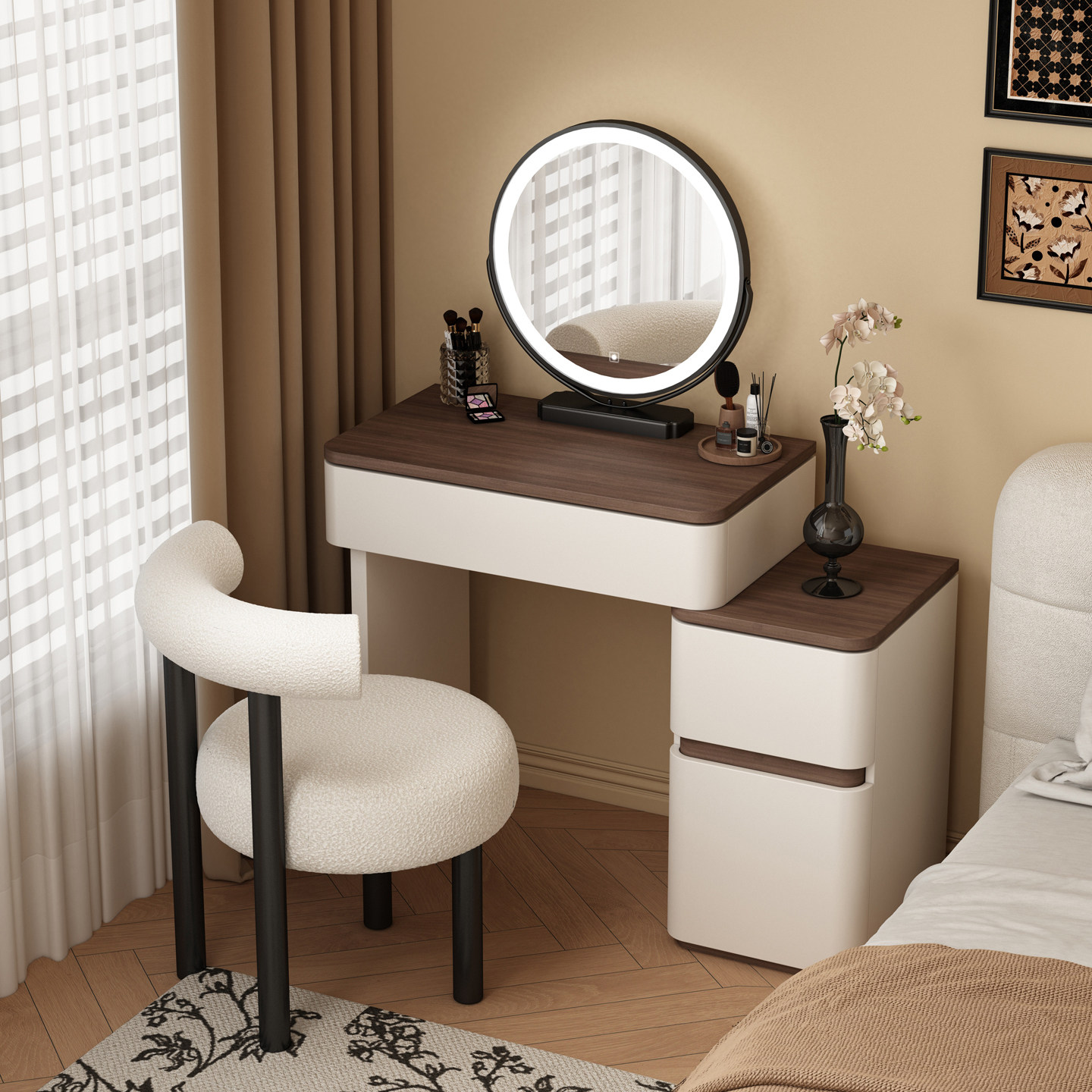 实木小户型梳妆台卧室中古奶油风简约现代床头化妆桌轻奢斗柜一体