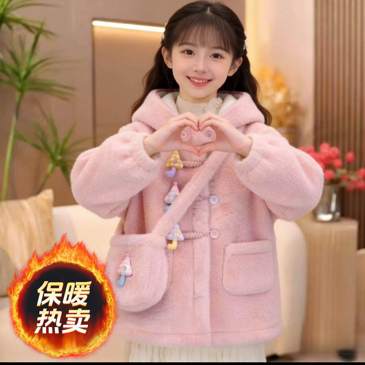 女童冬季外套加绒加厚毛毛衣中大童新款韩版可爱保暖中长款大衣潮