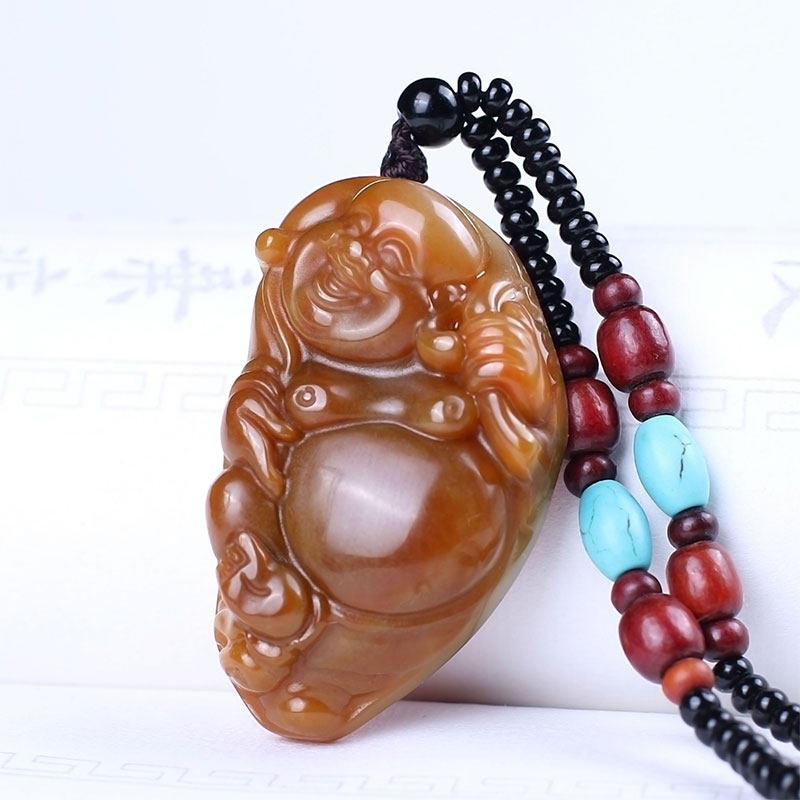 大肚弥勒佛吊坠玉佛女士款天然黄龙玉项链玉佩女孩保平安玉坠挂件