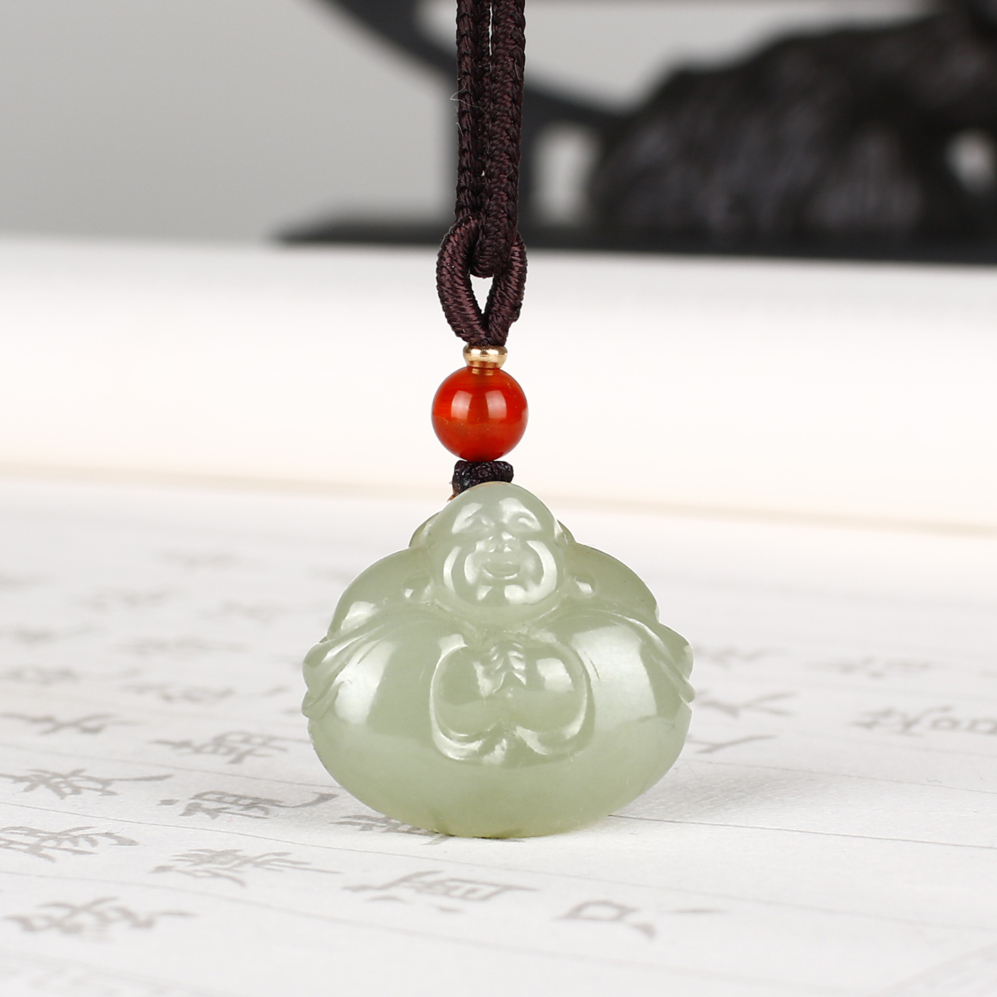 天然和田玉弥勒佛吊坠挂件晴水绿色玉石项链女士小孩玉佩抱抱笑佛