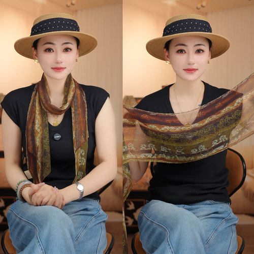 莫奈绿乔其纱飘带女复古百搭围巾