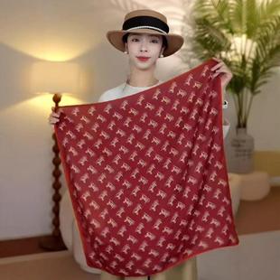 气质华夫马车经典复古双面银丝丝绒方巾红色2026秋冬新款亲肤百搭