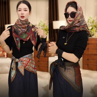 宫廷佩斯利85X85棉质双面丝巾围巾女春季款西装时尚百搭领巾烛影