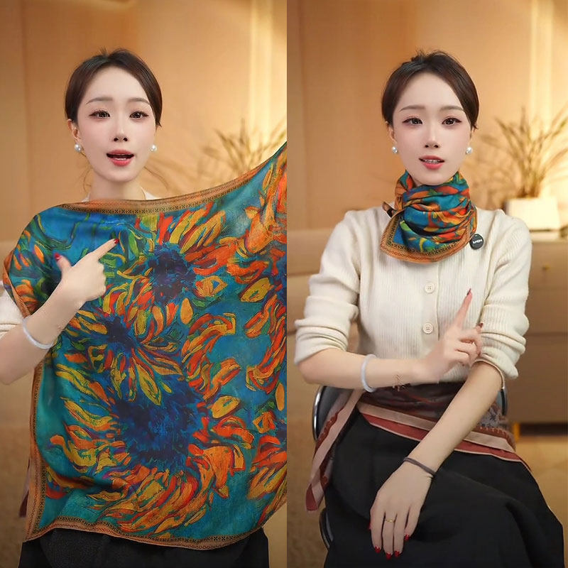 向日葵新款棉质双面色65*65围巾方巾民族风植物花卉丝巾女复古
