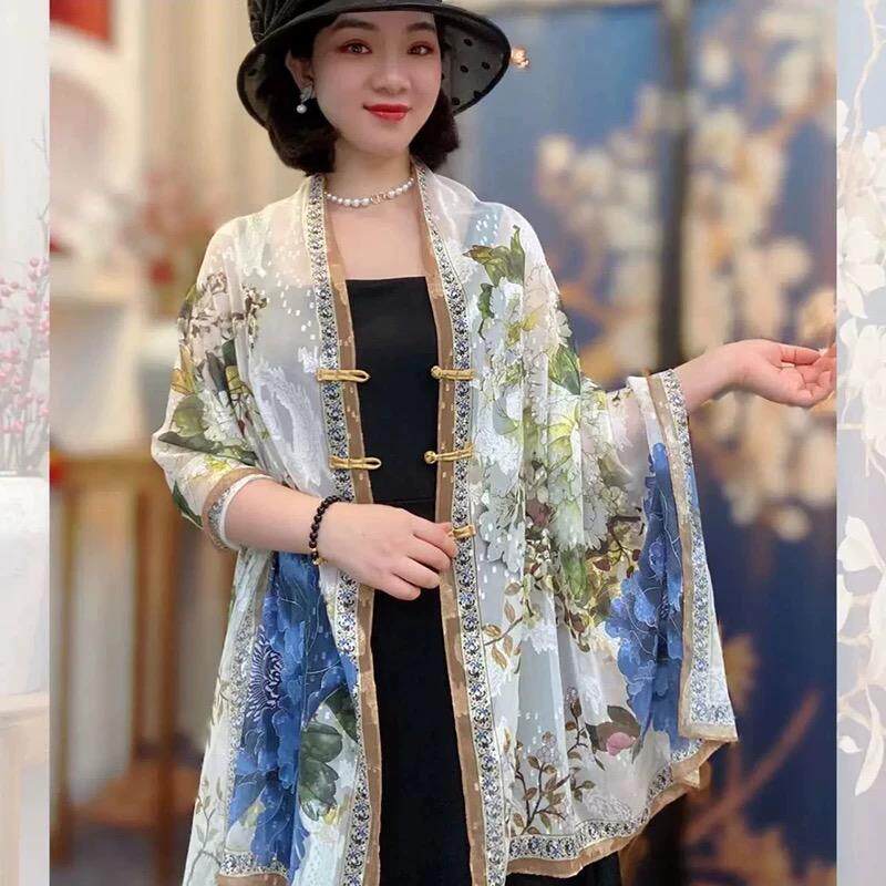 2025可可披肩盘扣剪花百搭旗袍女新中式国风夏旅游拍照丝巾薄围巾