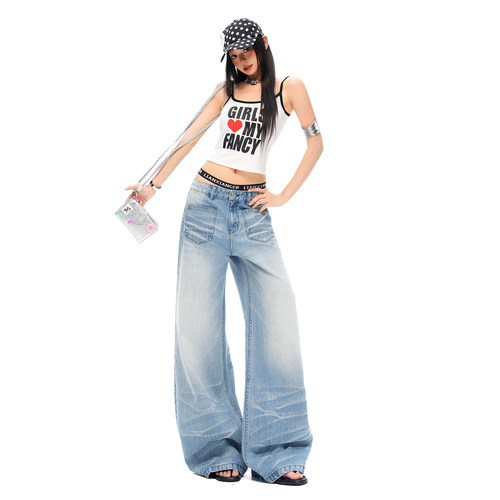 ｜XSD 【新品】！2026夏季｜反口袋设计水洗猫须微弯刀牛仔裤女阔