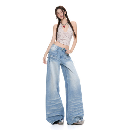 ｜XSD 【新品】！2026夏季｜反口袋设计水洗猫须微弯刀牛仔裤女阔
