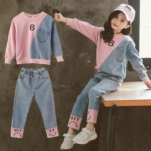 洋气时髦儿童运动卫衣中大童韩版 女童春装 2020新款 潮衣 套装 牛仔裤
