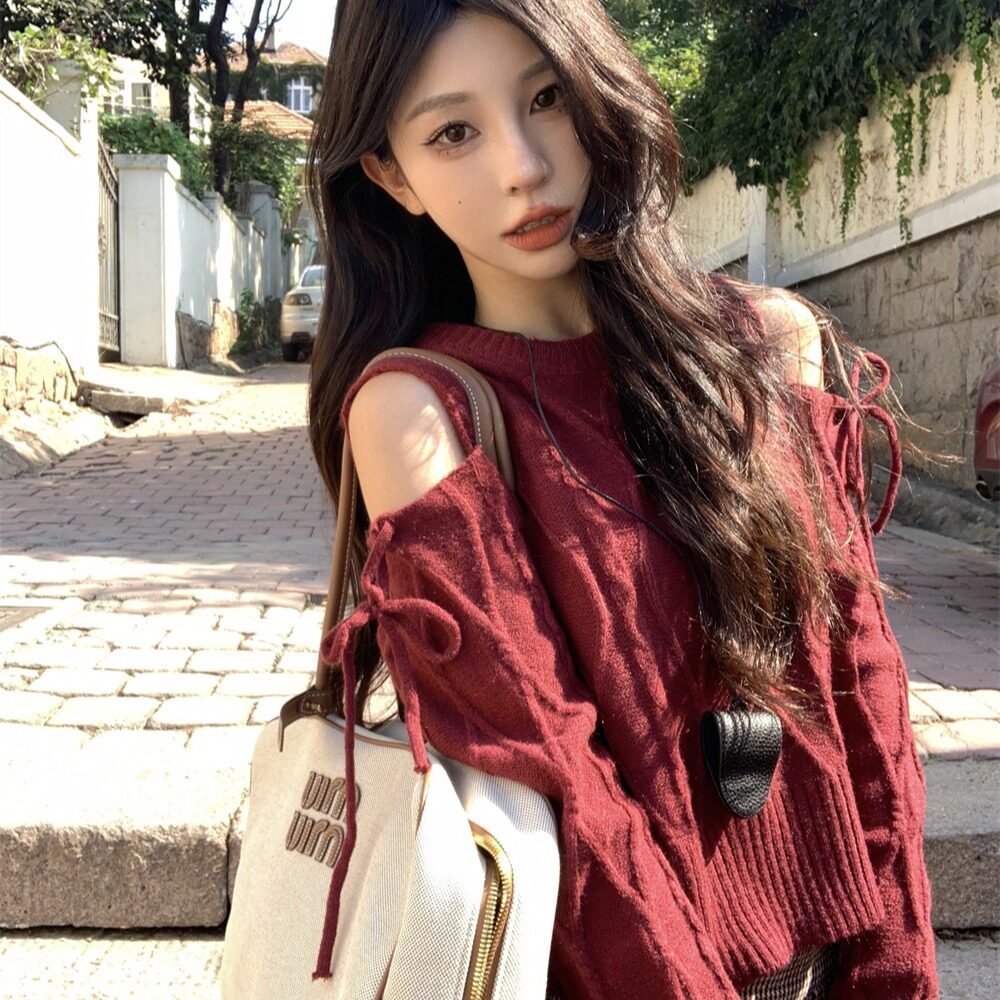 实拍 复古红色露户绑带设计感针织毛衣女学生韩版