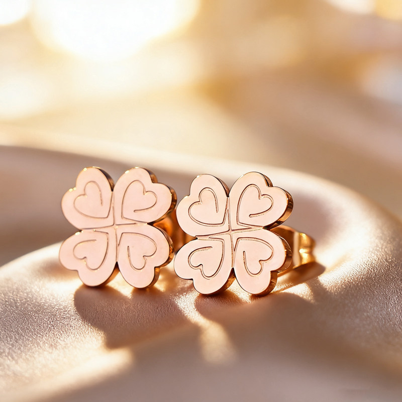 四叶草耳钉女钛合金运动不掉色彩金高级感 18k玫瑰金耳环钛钢耳饰