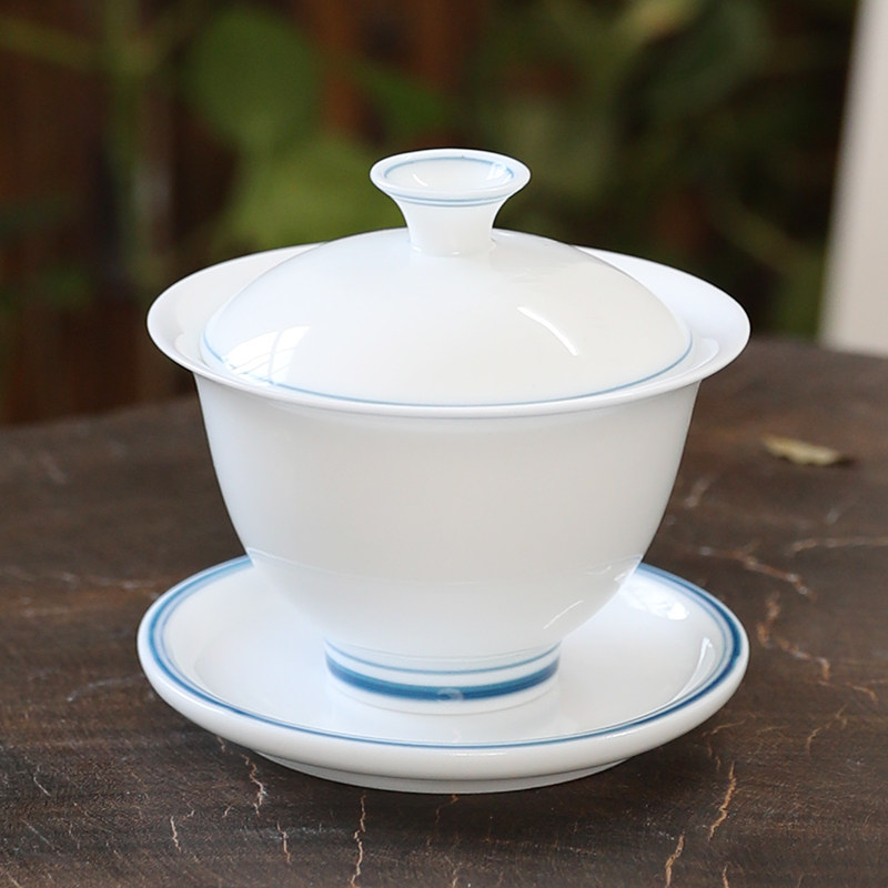 手绘蓝玄纹三才盖碗茶杯简约家用陶瓷中式白瓷功夫茶碗个性