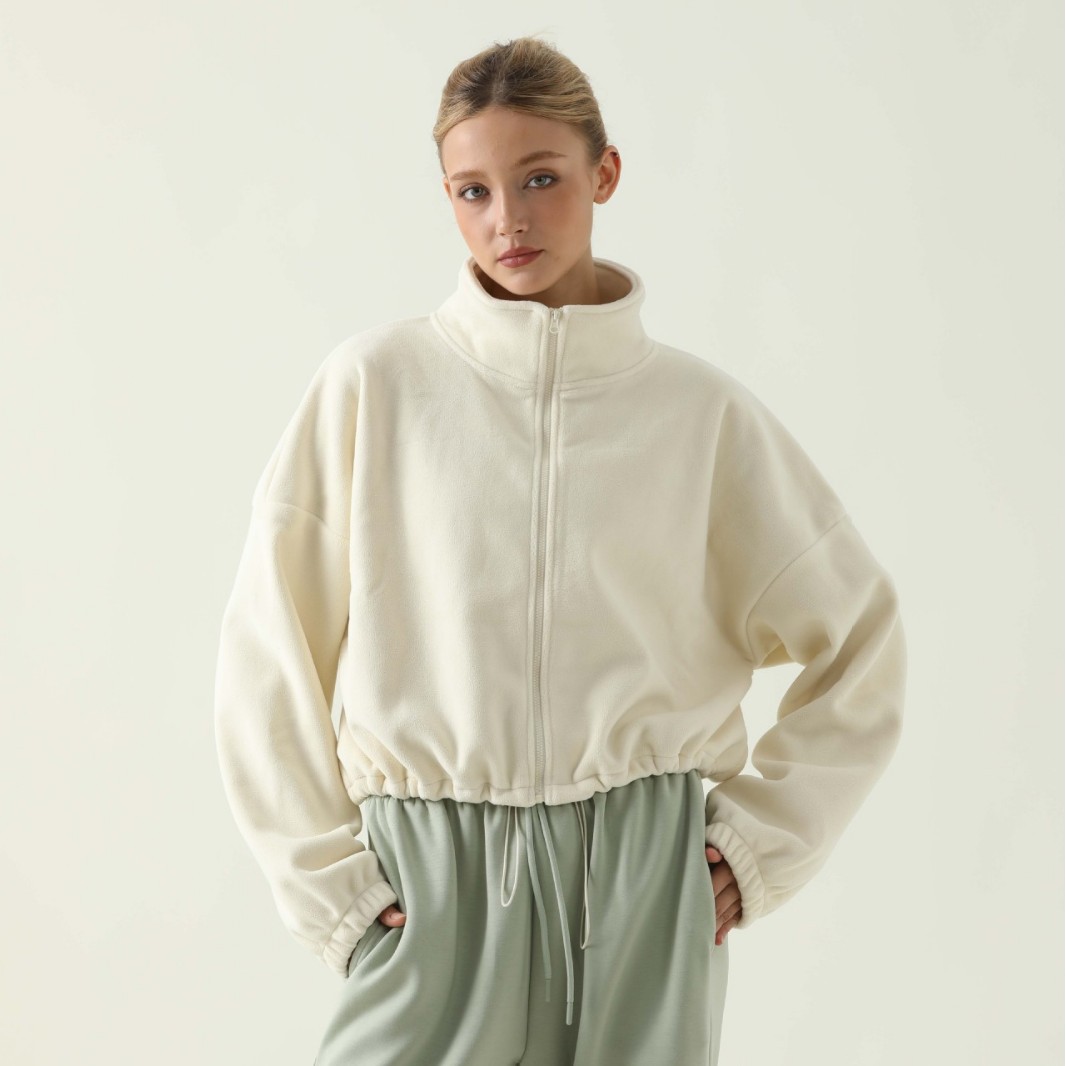 跨境奥粒绒秋冬运动外套女加绒加厚高领拉链抽绳上衣宽松健身卫衣