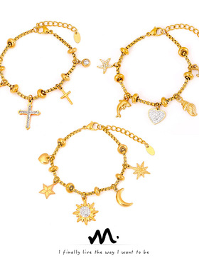 英伦风复古小众个性盒子链饰品多元素吊坠镶钻设计感钛钢镀金手链