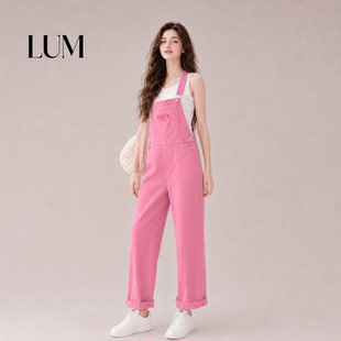 LUM 多巴胺粉色工装背带裤女夏新款小个子洋气减龄百搭休闲连体裤