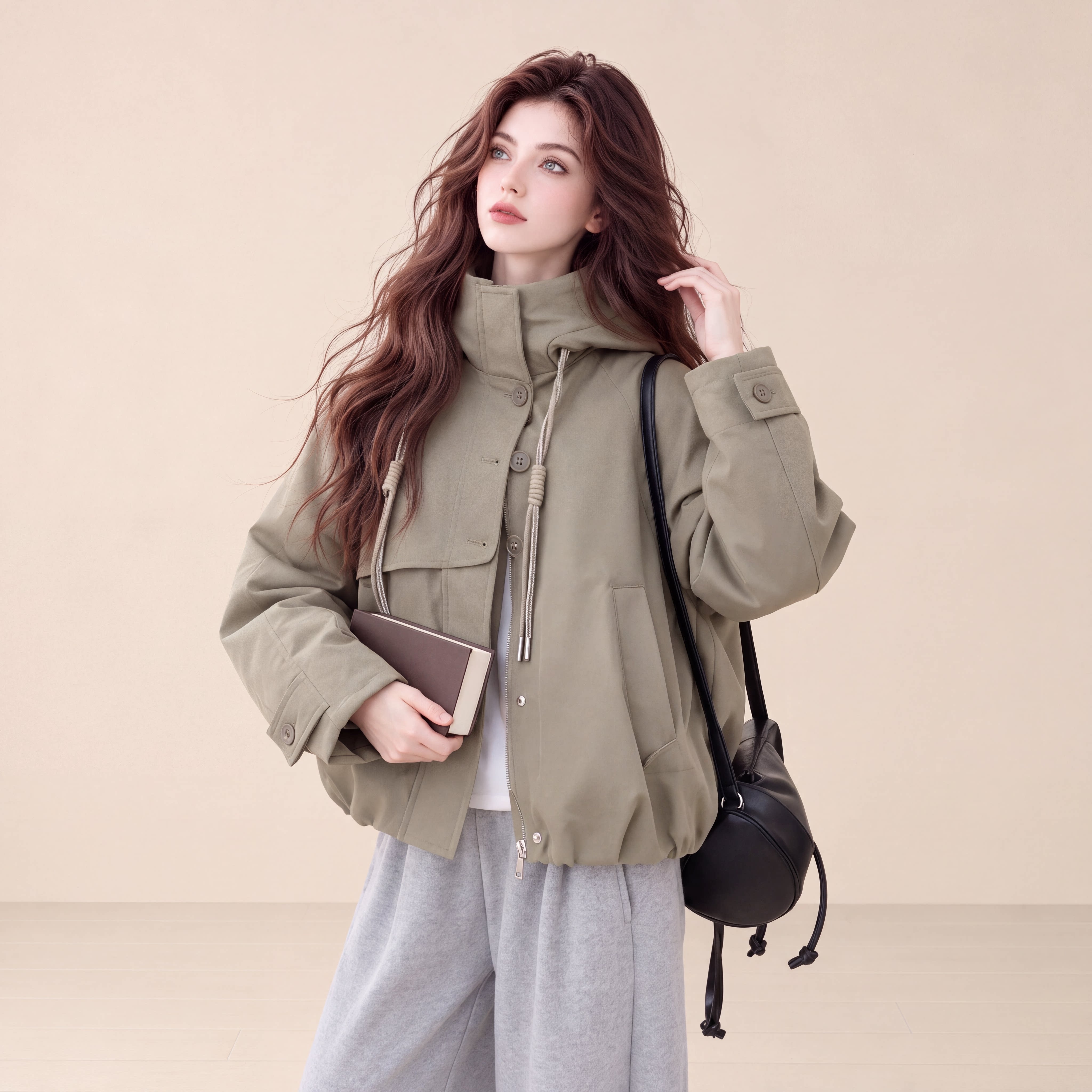 LUM 韩系工装风军绿色连帽派克羽绒服女冬小个子不臃肿夹克外套潮