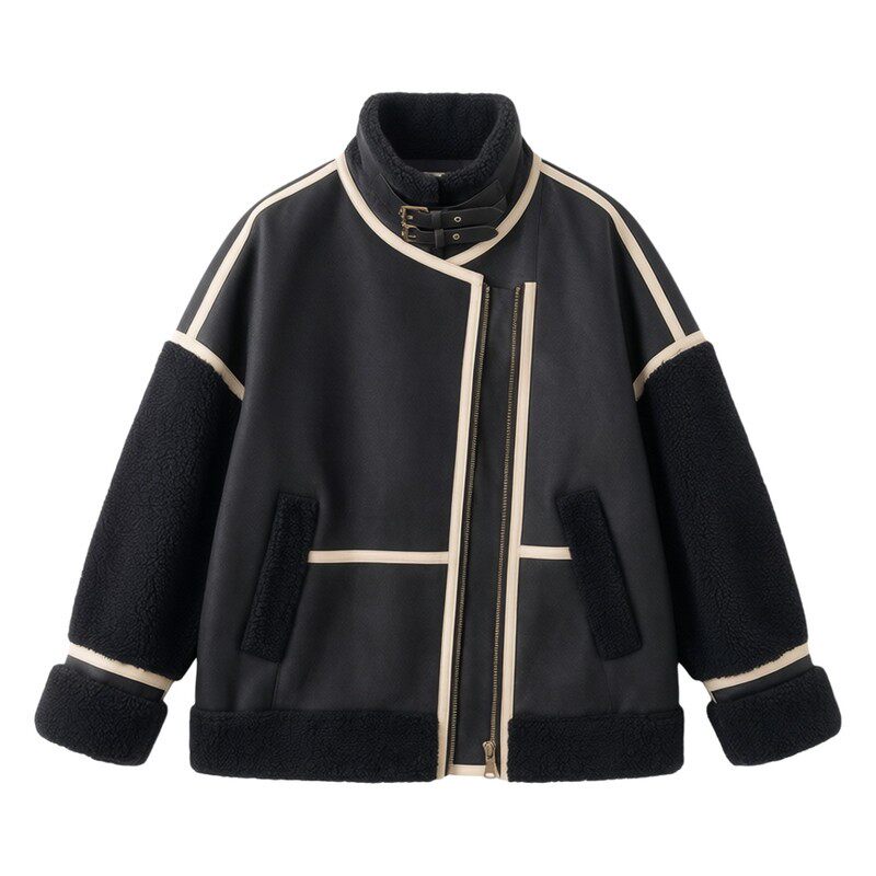 LUM 黑色皮毛一体羊羔毛外套女冬季新款加厚保暖机车服夹克酷飒风