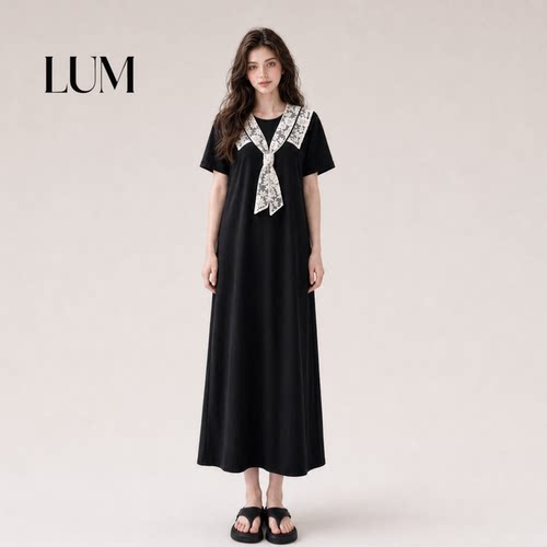 LUM 黑色蕾丝披肩连衣裙女夏季新款法式赫本风高级感宽松显瘦长裙