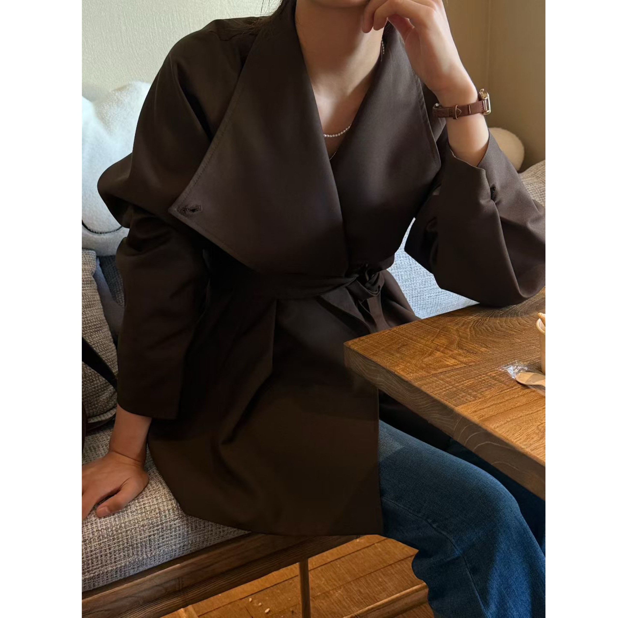 春秋新款小个子时尚设计英伦松弛感小众宽松显瘦大翻领风衣外套女