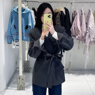 不起球 韩系赫本风灰色立领系带加棉毛呢外套女秋冬新款呢大衣 厚