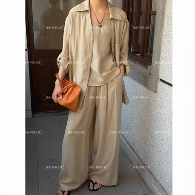 老钱风亚麻衬衫阔腿裤套装女巨好看的夏装大方得体ootd穿搭一整套