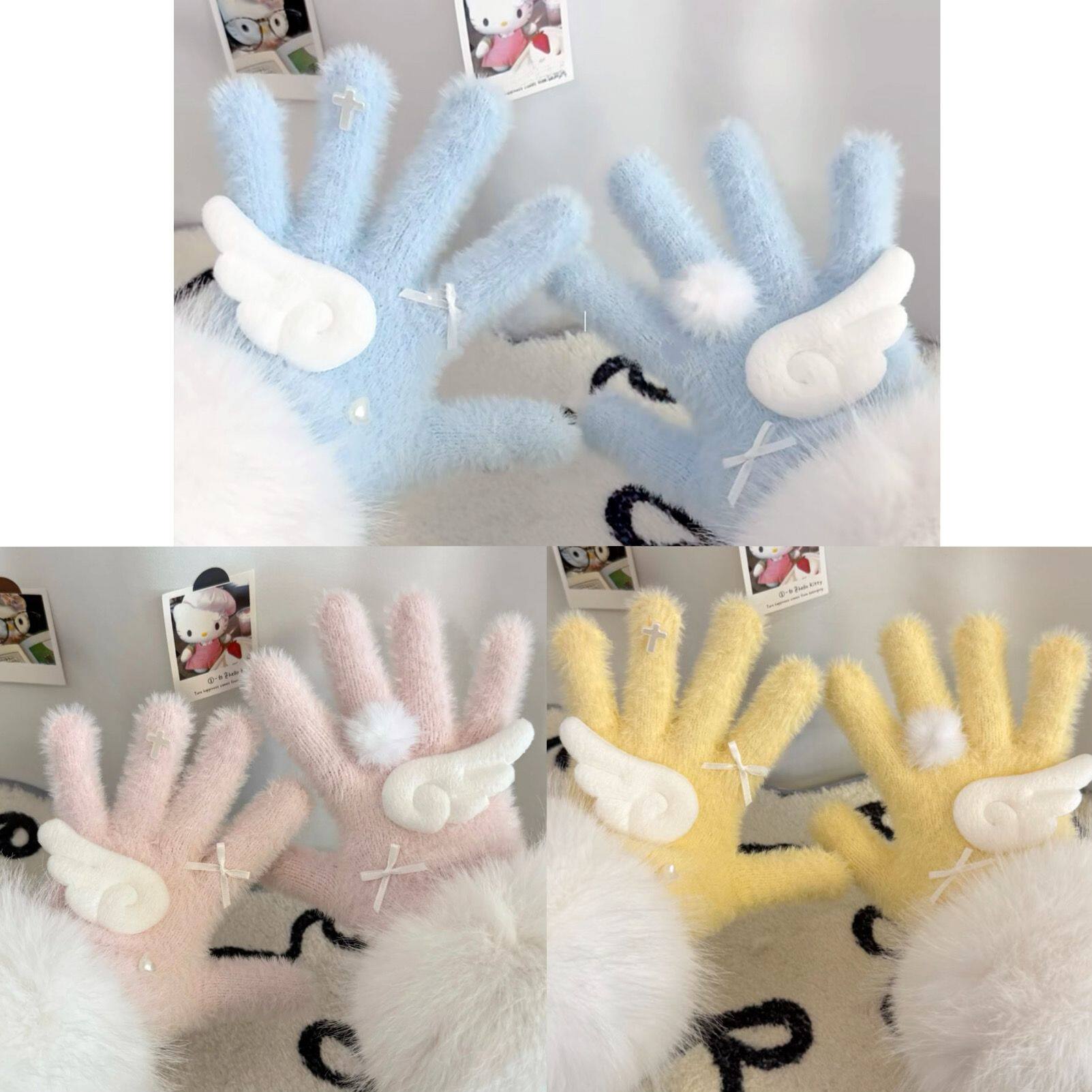 蓝色天使翅膀仿兔毛保暖手套