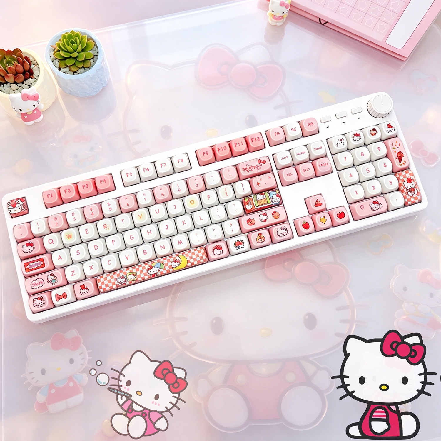 104键旋钮有线机械键盘女生可爱办公游戏RGB灯光hellokitty麻将轴