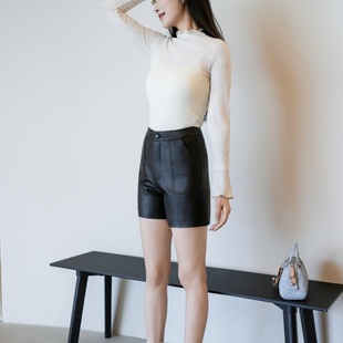 海宁真皮绵羊皮短裤女2025春季新款高腰五分裤修身显瘦纯色打底裤