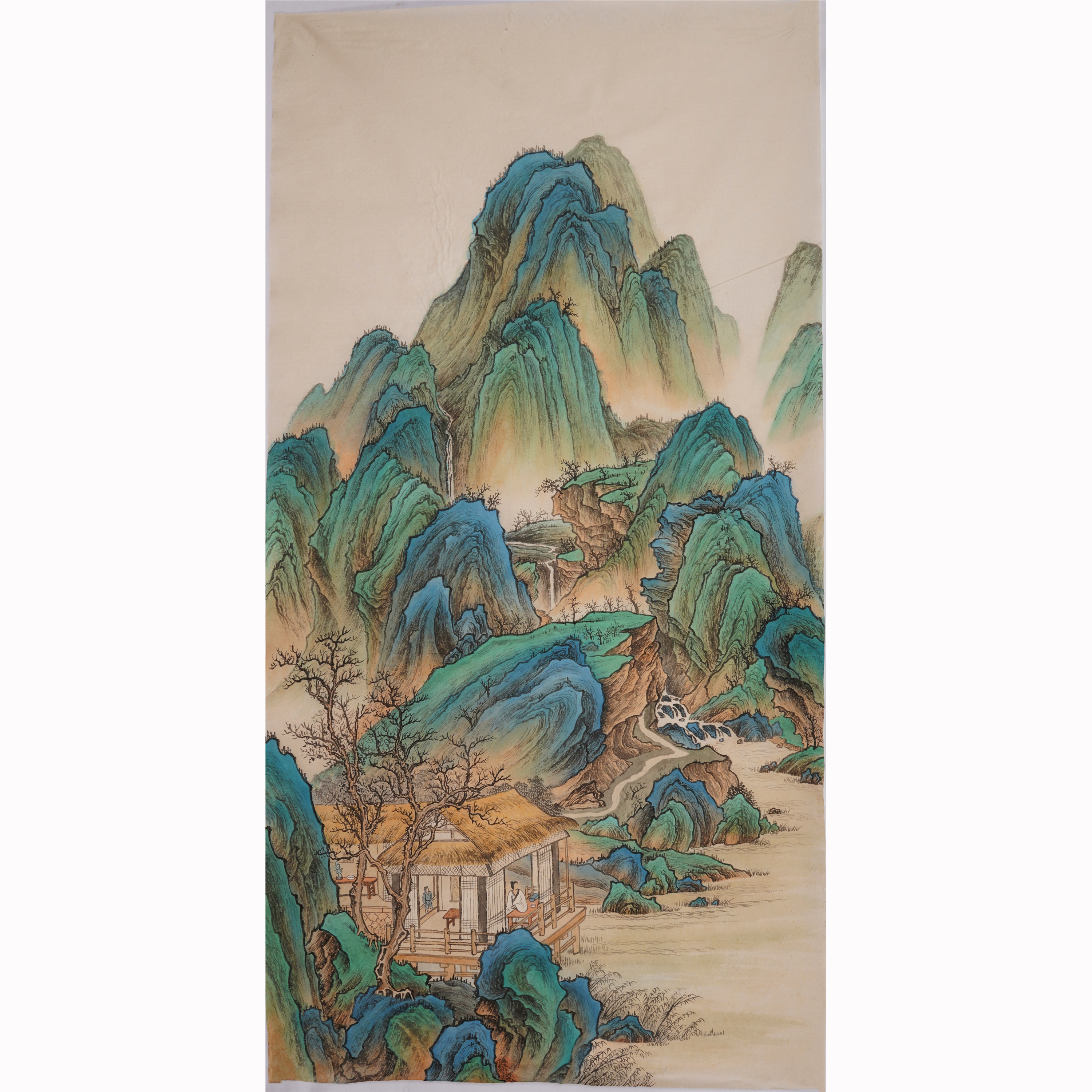 仿古青绿山水画装饰画纯手绘国画水墨画四尺字画无款
