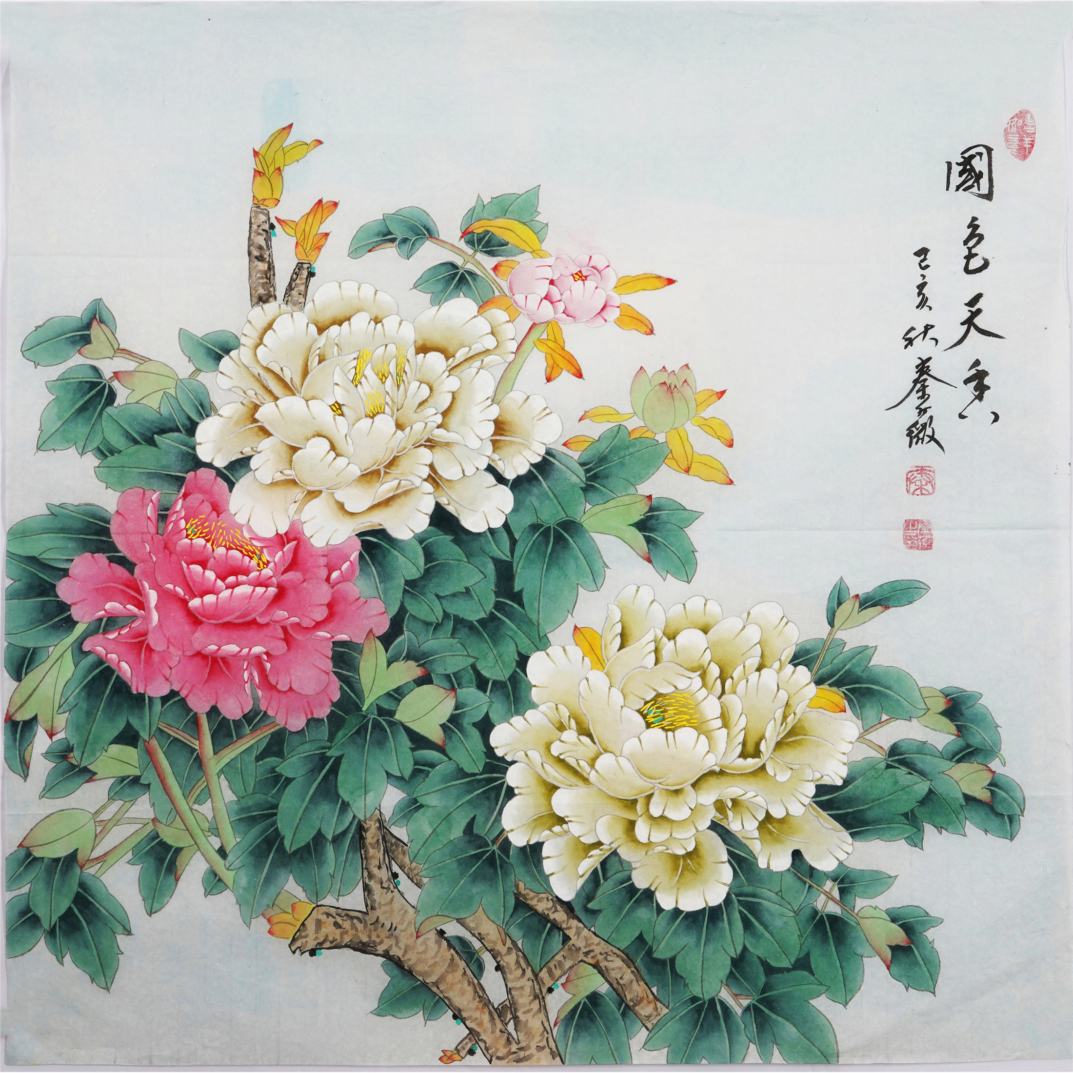 工笔牡丹画国画四尺斗方花开富贵纯手工牡丹装饰画秦薇字画01709 家居饰品 国画 原图主图