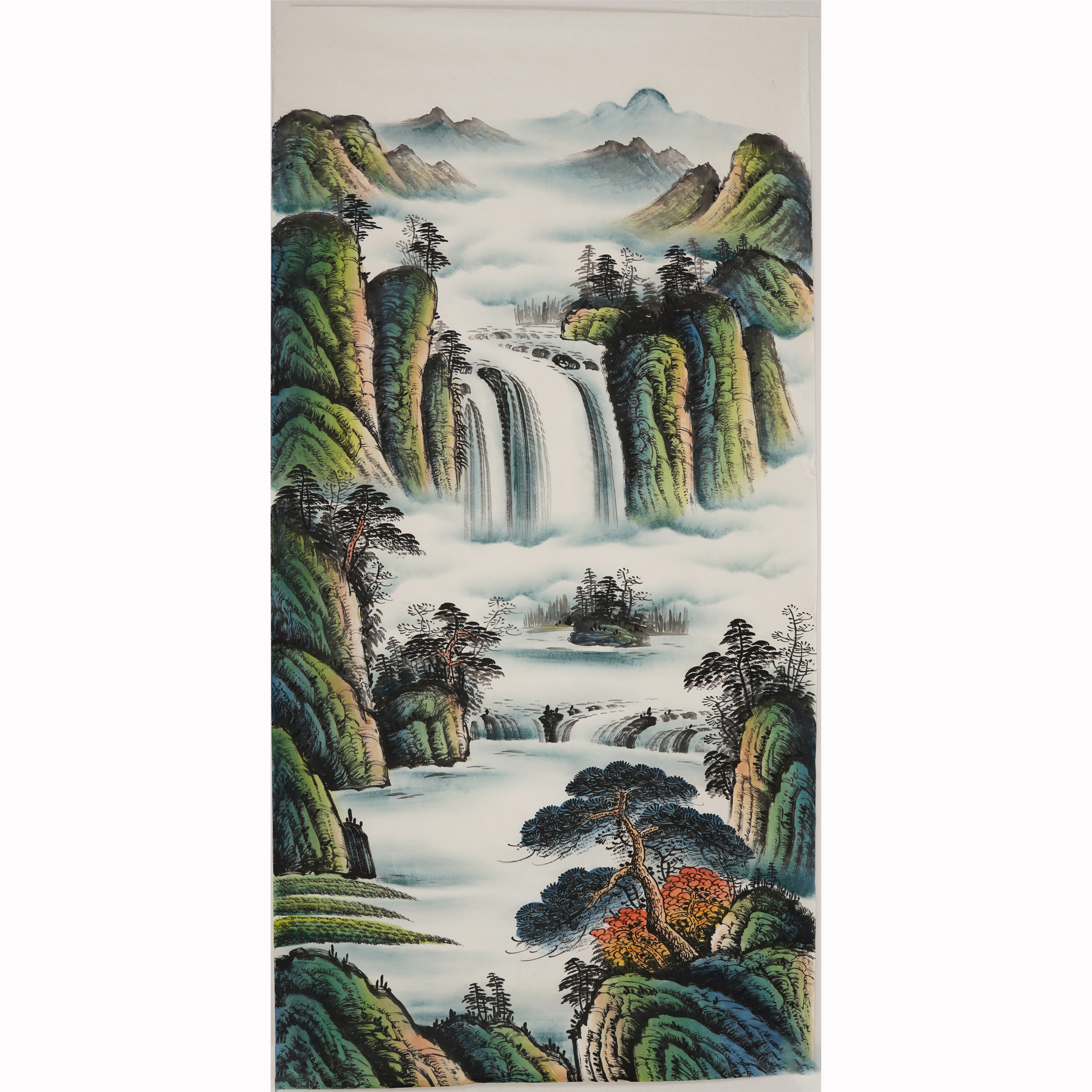 四尺无款青绿山水画竖款国画纯手绘没题款玄关中堂手工装饰画