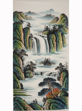 四尺无款青绿山水画竖款国画纯手绘没题款玄关中堂手工装饰画