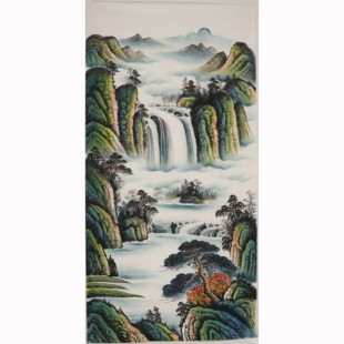 四尺无款青绿山水画竖款国画纯手绘没题款玄关中堂手工装饰画