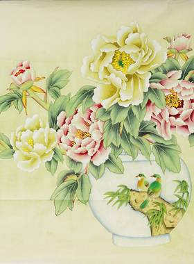 纯手绘国画工笔花鸟荷花牡丹鲤鱼客厅玄关斗方中式装饰画秦薇23