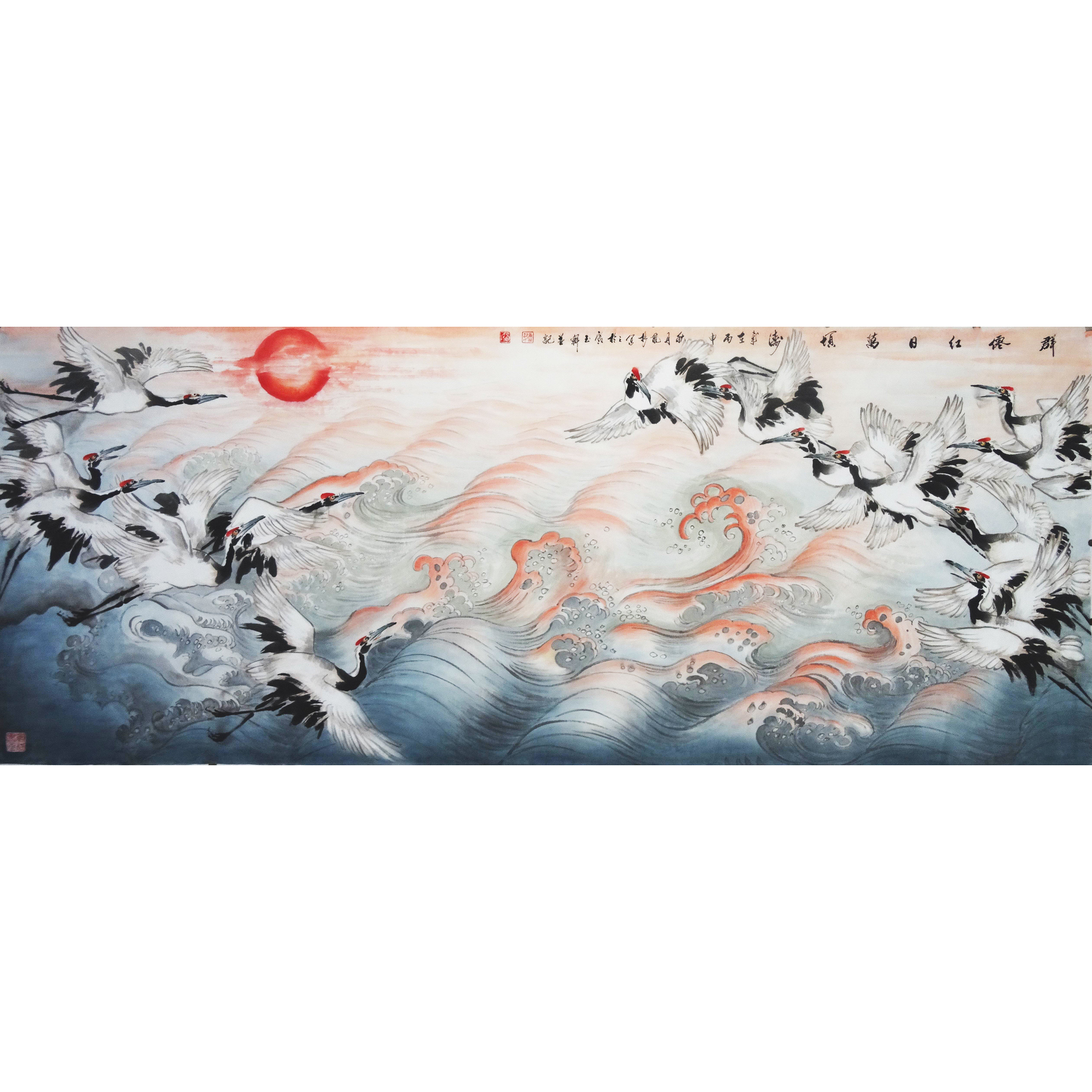 精品收藏纯手绘写意国画仙鹤鲤鱼向日葵客厅意境挂画玄关郝凤格