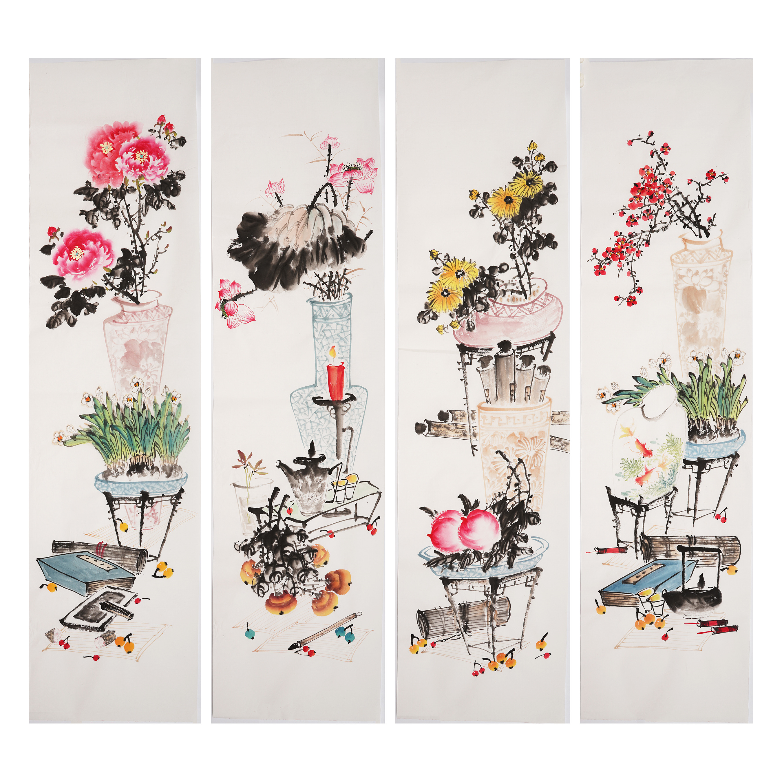 纯手绘国画吉祥花鸟四条屏富贵图中式客厅装饰画宣纸无款画0615