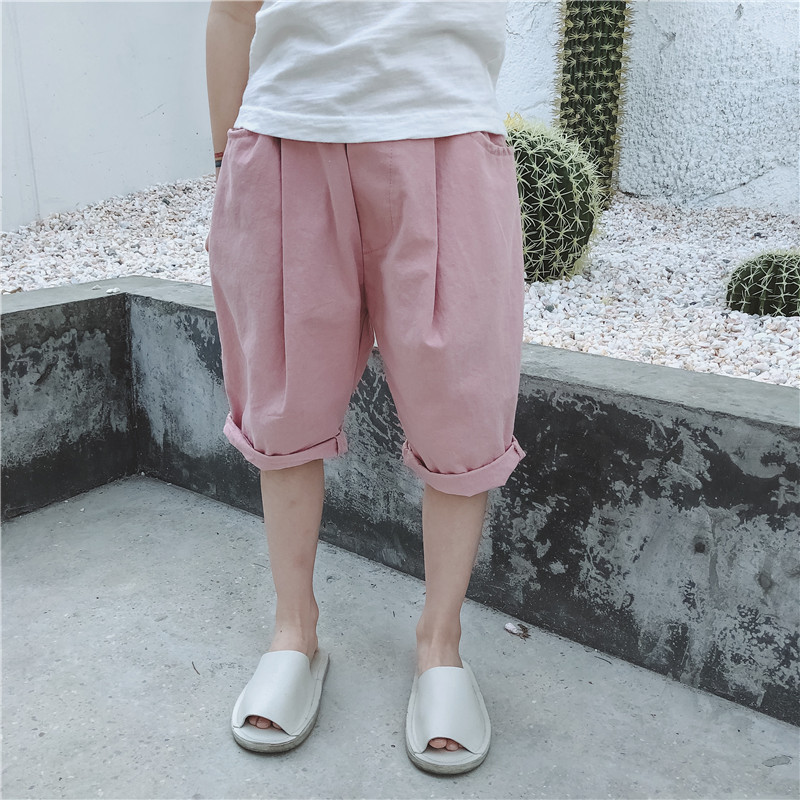 夏季女童棉麻宽松纯色七分裤