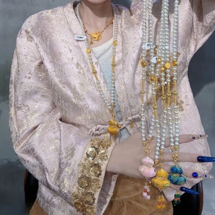 新中式宋锦葫芦国风珍珠项链女长款毛衣链复古民族风汉服旗袍配饰