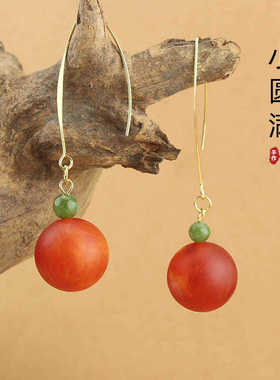 简约民族风仿蜜蜡圆珠耳环女红色耳钩耳坠气质个性古风旗袍耳饰品