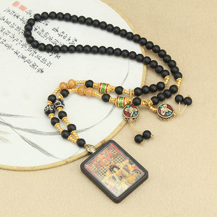 复古尼泊尔西藏唐卡无事牌黑檀木项链女黄财神民族风毛衣链配饰男