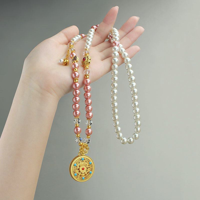 新中式仿珍珠项链女国风长款毛衣链五福圆牌吊坠古风旗袍汉服配饰