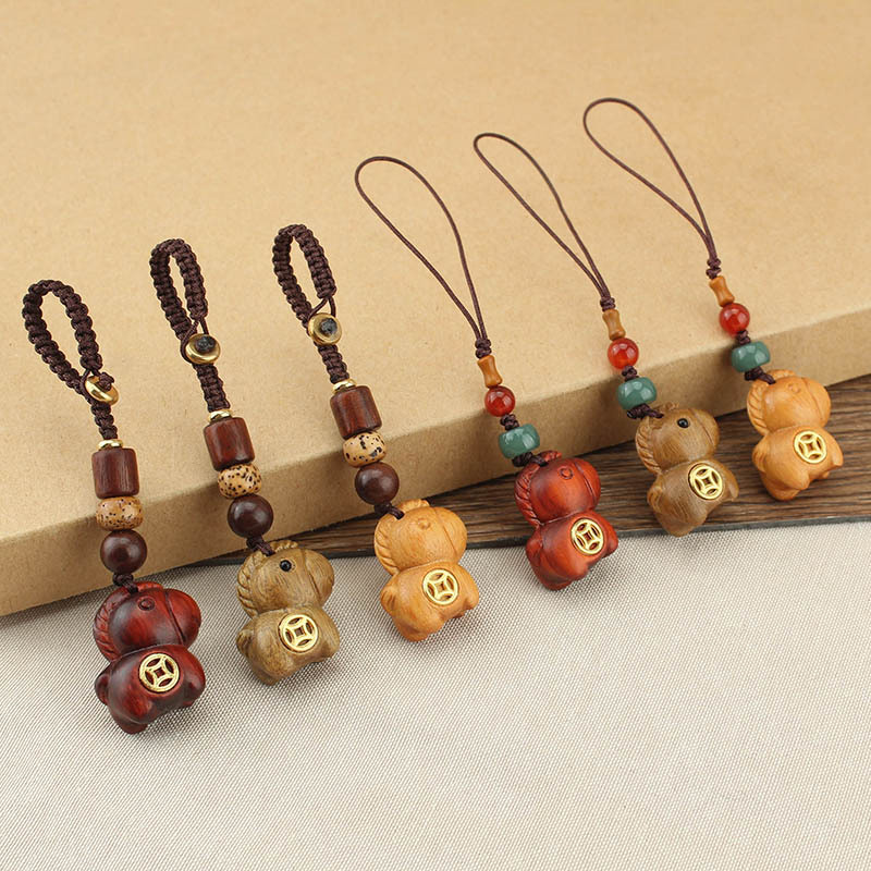 复古民族风檀木小马铜币手机挂绳女新中式国风挂件钥匙扣包挂饰品
