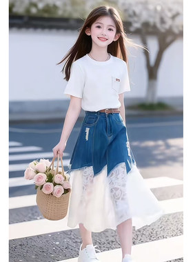 女童夏季牛仔蕾丝半身裙两件套