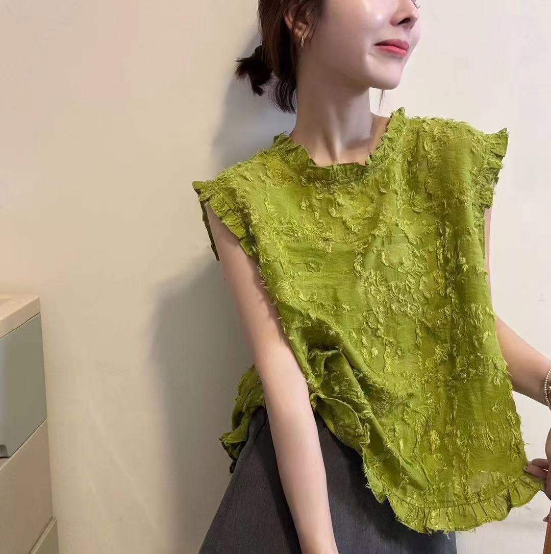 夏季超好看独特漂亮高级感小众不撞衫上衣减龄轻奢绿色无袖衬衫女