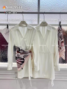 特价黄亦玫同款法式白色交叉翻领衬衫连衣裙女气质丝巾收腰马面裙