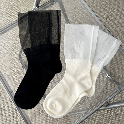 袜子女夏季薄款网纱拼接字母中筒袜ins潮网红同款堆堆袜